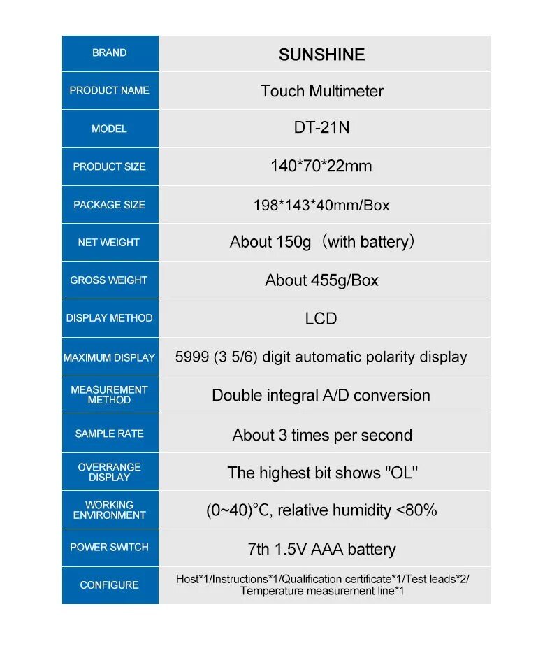 SUNSHINE DT-21N Touch Digital Multimeter